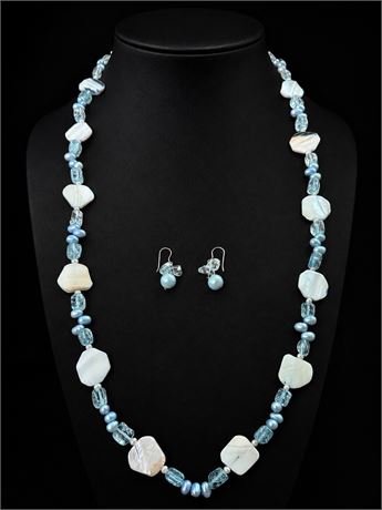 Mother of Pearl and Light Blue Beads Sterling Silver Necklace and Earrings Set
