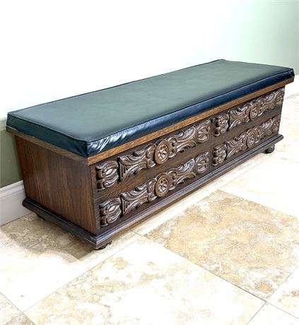 Carved Walnut Cedar Chest With Black Cushioned Top by Lane