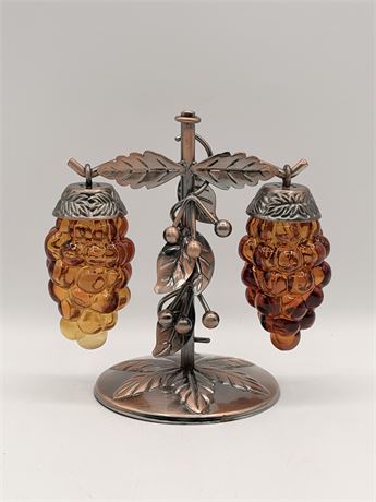 Amber Glass Grape Clusters Salt & Pepper Shakers With Bronze Metal Vine Stand