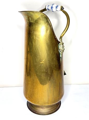 Vintage Brass Coal Scuttle Bucket with Lion Head Accents and Delft Handles