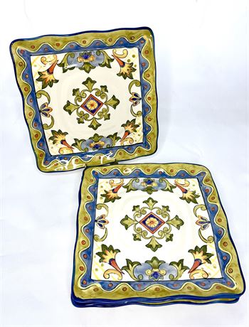 Set of 4 Maxcera "Green Talavera" Square Scalloped Salad Plates