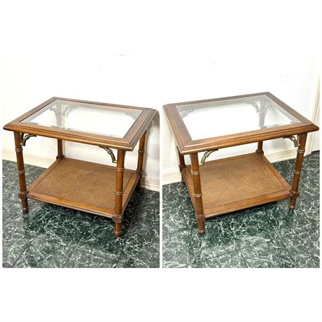 Set of 2 Vintage Cane Bottom Nightstands with Glass Tops