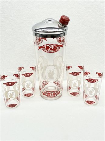 HAZEL ATLAS ~ Bonnets & Bows ~ Vintage Glass & Chrome 5-Pc Cocktail Shaker Set