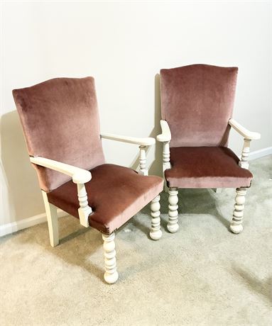 Pair (2) of Solid Wood-Framed, Upholstered Nailhead-Trim Spindle Armchairs
