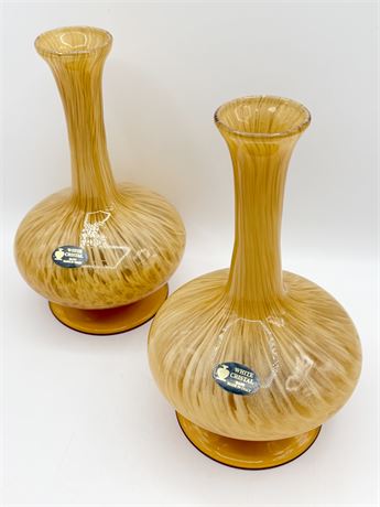 WHITE CRISTAL ~ Pair (2) Amber Art Glass 8” Vase