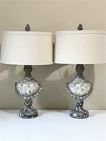 Pair (2) Distressed Necklace Urn Table Lamps With Linen Lampshades