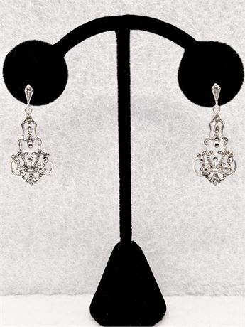 925 ~ Vtg. Intricate Detailed Drop Earrings w/Marcasite