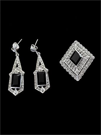 Vtg ~ Marcacire And Black Onyx Sterling Silver Earrings ~ Matching Brooch