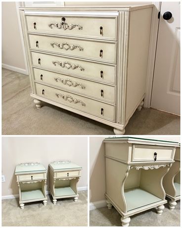 Solid Wood French-Provincial Style European Chest of Drawers & 2 Bedside Tables