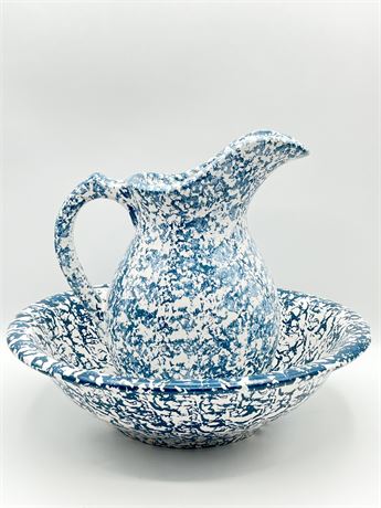 MCCOY POTTERY ~ Blue & White Spongeware Pitcher & Large Bowl