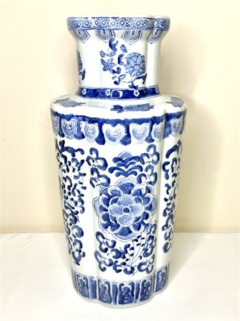 Vintage Tall Large Cobalt Blue And White Hand Painted Floral Vase
