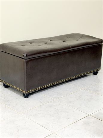 Dark Brown Faux Leather Storage Ottoman With Nailhead Trim