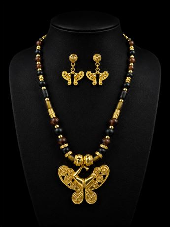 Vtg INCA Pre-Columbian Style Gold-Plated Butterfly Jewelry Set
