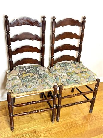 Set of 2 Antique Wood Wicker Chairs with Beautiful Tapestry Cushions