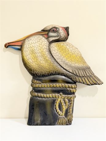 33” Carved Wooden Pelican On Post Wall Art