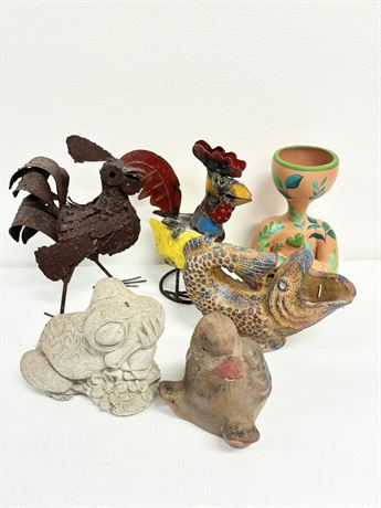 Lot of (6) Rustic, Hand-Crafted, & Vintage Decorative Garden Figures