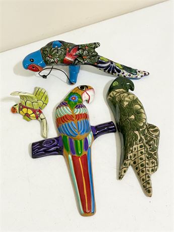 Collection of 4 Hand-Painted Glazed Terracotta Wall-Hanging Parrots