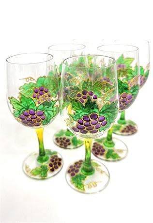 Set of 6 Hand-Painted Mardi Gras grape Wine glasses