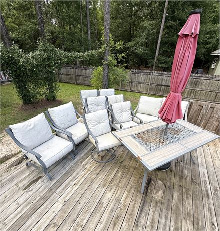 Aluminum Patio Table, Umbrella, and Chair Set