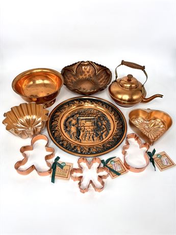 Copper Lot - Bowls, Tea Kettle, Cookie Cutters, Molds