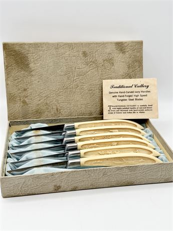 Tungsten Steel Blades With Hand-Carved ~ Scenes On The Handles ~ Set Of (6)