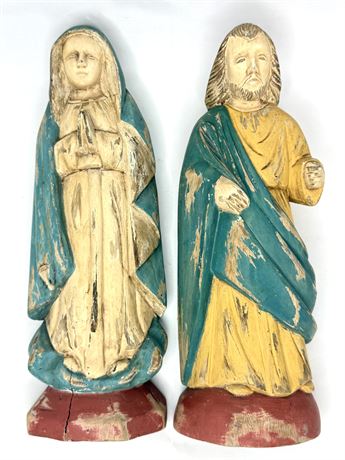 Vintage Set of Hand Carved Wood Mary and Joseph Statues