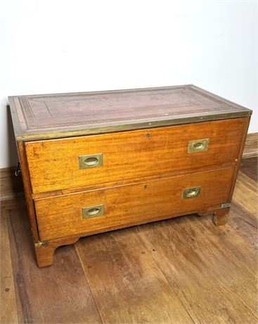 Vintage Solid Wood Chest of Drawers with Brass Hardware and Leather Inlay