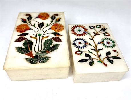 Marble Jewelry Boxes With Semi-Precious Stone Floral Inlay Designs - Pietra Dura