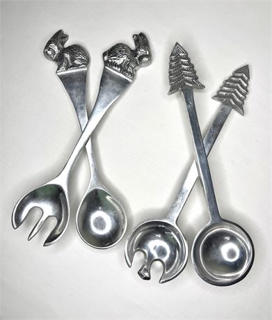 2 Sets of 13” Pewter Salad Tongs - Bunnies and Christmas Trees