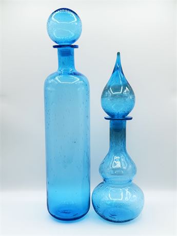 Blue Hand Blown Glass Decanters ~ Set Of (2)