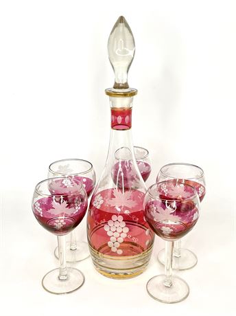 Vintage Cranberry Etched Decanter and 5 Glasses