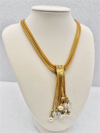 Vtg. Gold Plated Mesh Necklace With Crystal & Pearl Gemstones