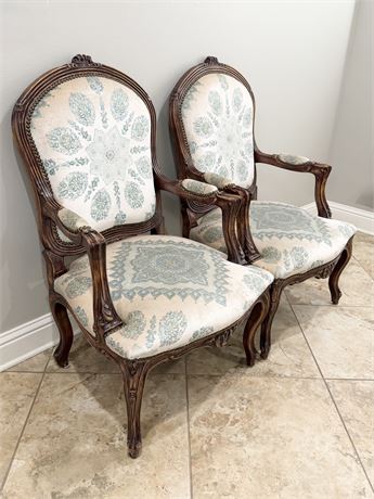Pair (2) ~ Louis XV Style Upholstered Armchairs With Nailhead Trim