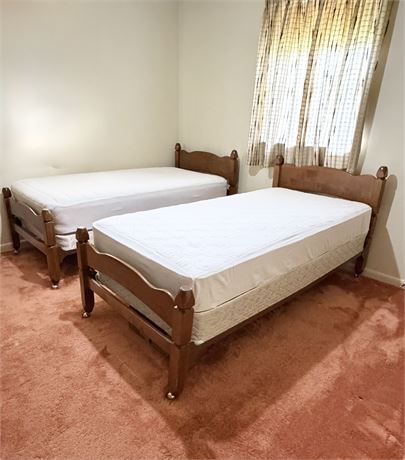 Pair (2) Solid Wood Twin Size Beds On Casters