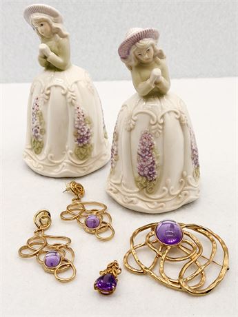 FASHION ~Vtg. 4-Piece Gold Toned Swirl Jewelry Set With Pair (2) Porcelain Bells
