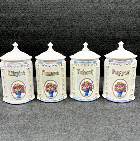 MEPOCO WARE ~ Vintage Lustreware Porcelain Spice Canisters