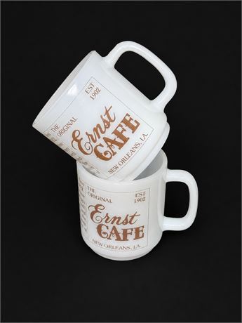 Set of 2 Vintage Ernst Cafe New Orleans Coffee Mugs - Glasbake USA Milk Glass