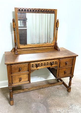 Tiger Oak Vanity with Exquisitely Detailed Hand Carved Mirror