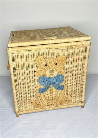 Precious Wicker Toy Basket With Bear In A Blue Bow