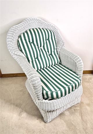 White Wicker Chair with Green And White Striped Cushions