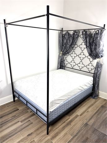Full Size Four Post Quatrefoil Metal Canopy Bed Frame with Mattress Included
