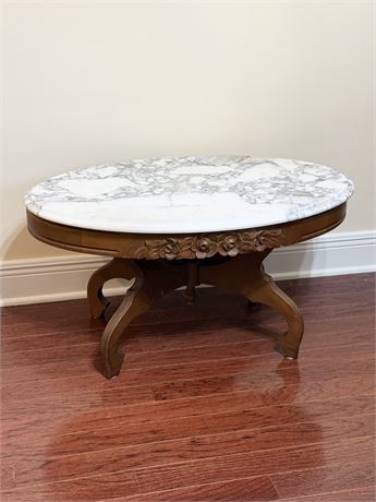 VICTORIAN ~ Solid Mahogany Rose Carved Carrara Marble Top Table