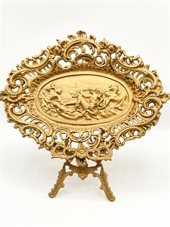 Burnished Gold Cast Iron Footed Tray with Ornate Reticulated Border
