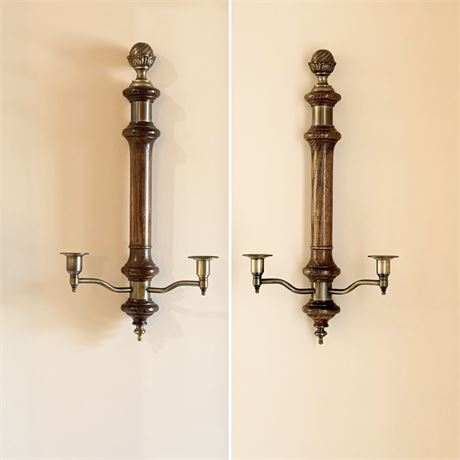 Pair (2) 21” Wood & Brass Wall Candelabra Sconces