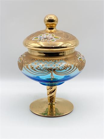 Vintage Venetian Aquamarine Glass Candy Jar