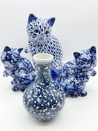 Blue & White Porcelain (3) Assorted Cats & (1) Vase