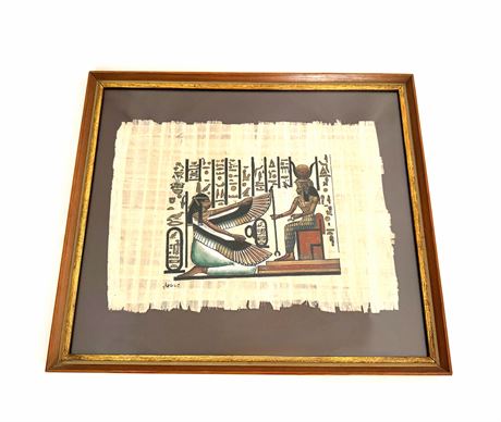 Framed Egyptian Papyrus Artwork – Winged Goddess & Hieroglyphics w/ Certificate