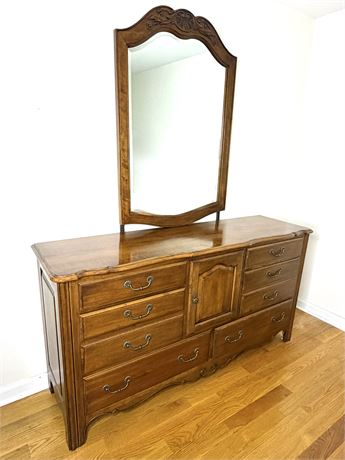 Ethan Allen French Country Wood Triple Dresser with Mirror