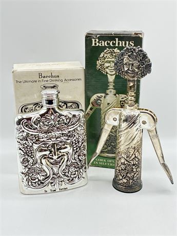 GODINGER ~ Silverplated Bacchus Flask & Corkscrew