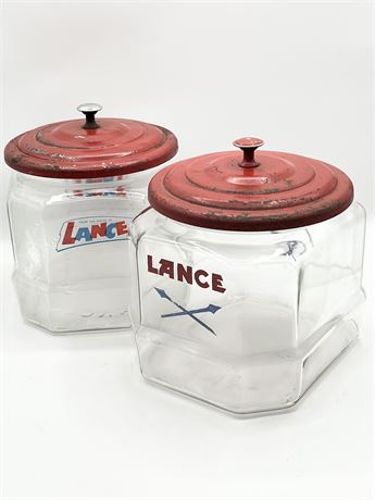 LANCE ~ Pair (2) ~ 6.5” H Store Counter Cracker Jars With Metal Lids